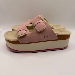 Reef Ojai Ciara Pink Suede Faux Fur Platform Slide Sandals Womens 7